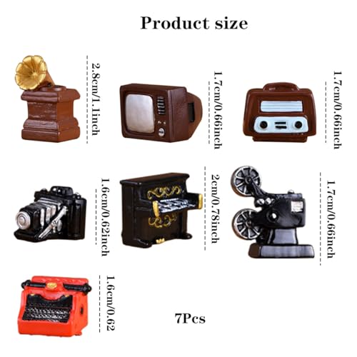 Aeenioy 7Pcs Miniature Decorative Items, Vintage Furniture Resin Ornaments Set for Home Decor, Gift Giving, Includes Piano, Gramophone, TV, Radio, Camera, Projector, Typewriter - Image 2