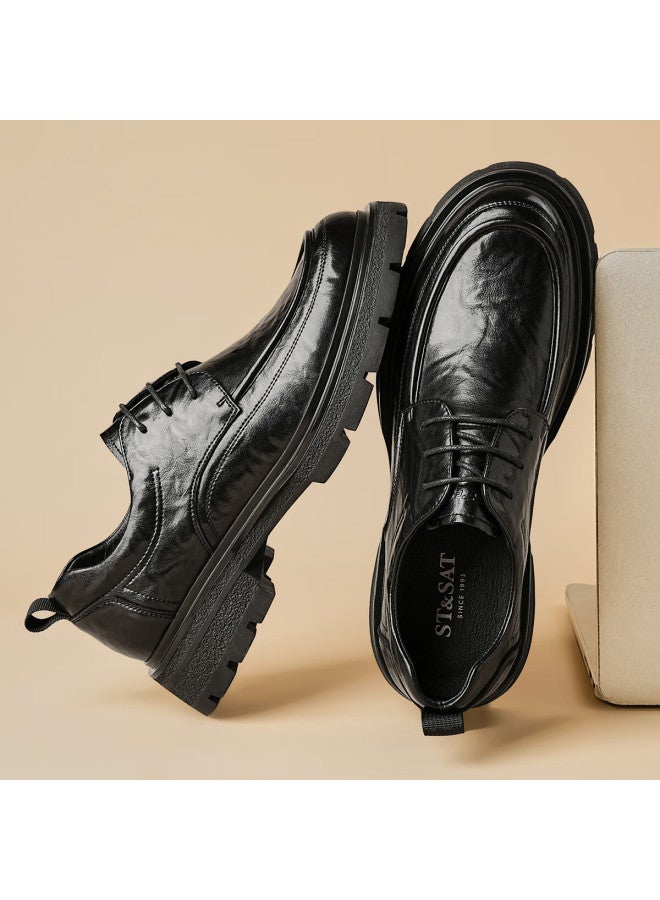 St&sat Men's Shoes, Fashionable Business Formal Leather Shoes, Versatile Casual Leather Shoes, Comfortable Business Shoes, Black, Size 41 - Image 1