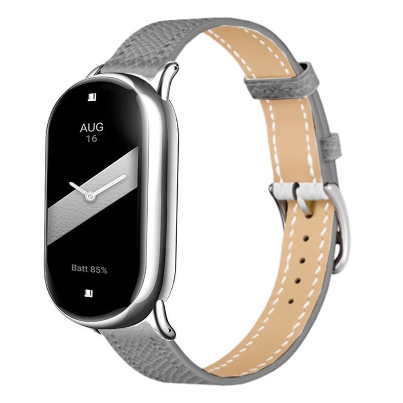 erorex For Xiaomi Smart Band 10 / 9 / 8 Slim Silver Buckle Leather Watch Band(Litchi Texture Grey) - Image 1