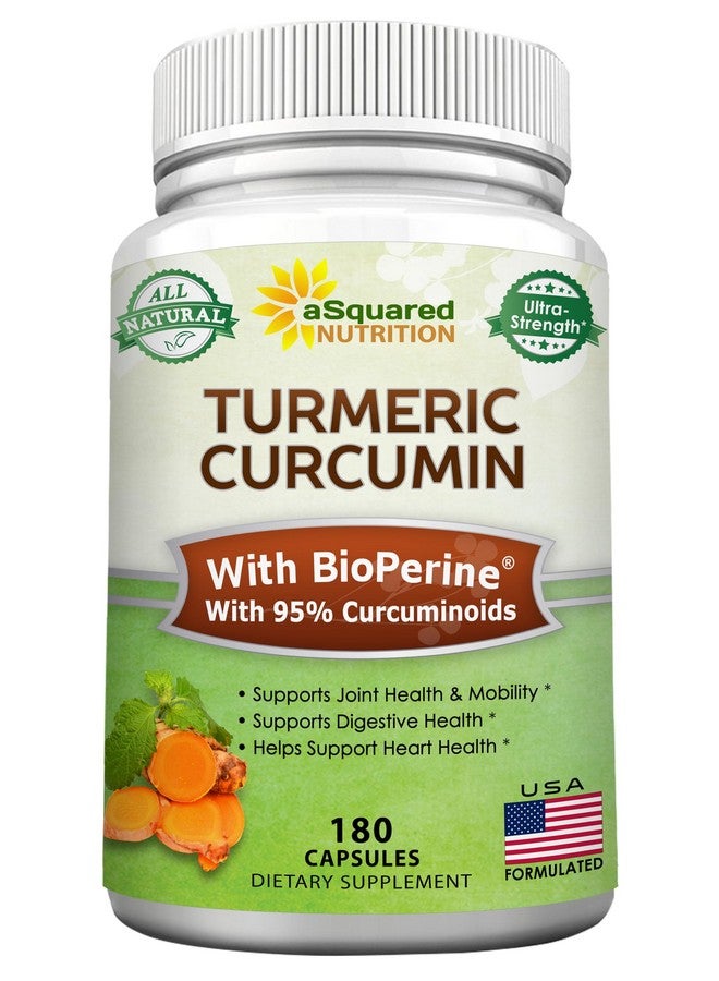 aSquared Nutrition Turmeric Curcumin 1300mg with BioPerine Black Pepper Extract - 180 Capsules - with 95% Curcuminoids, 100% Natural Tumeric Root Powder Supplements, Pure & Joint Stiffness Pills - Image 1