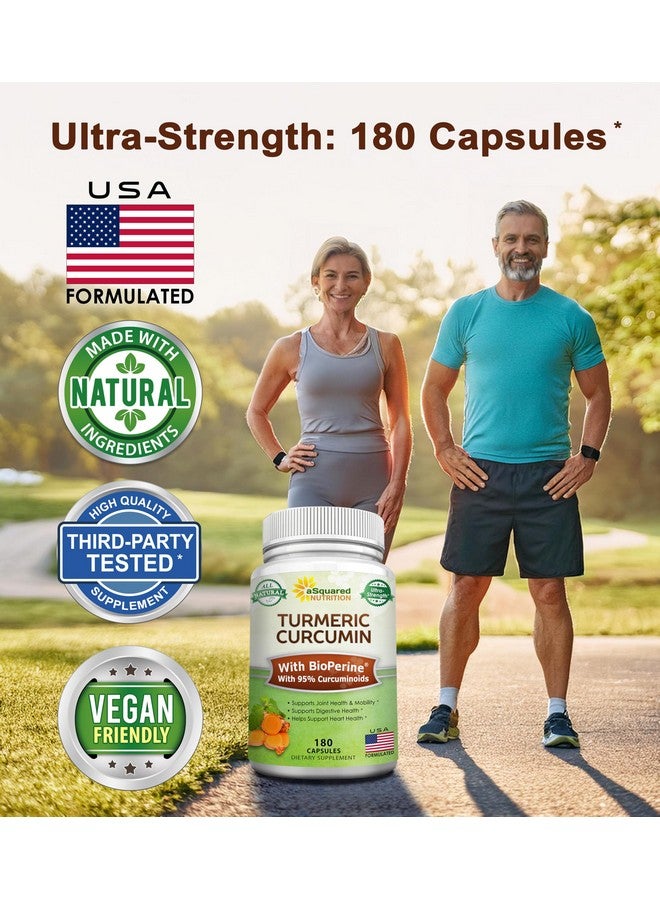 aSquared Nutrition Turmeric Curcumin 1300mg with BioPerine Black Pepper Extract - 180 Capsules - with 95% Curcuminoids, 100% Natural Tumeric Root Powder Supplements, Pure & Joint Stiffness Pills - Image 2