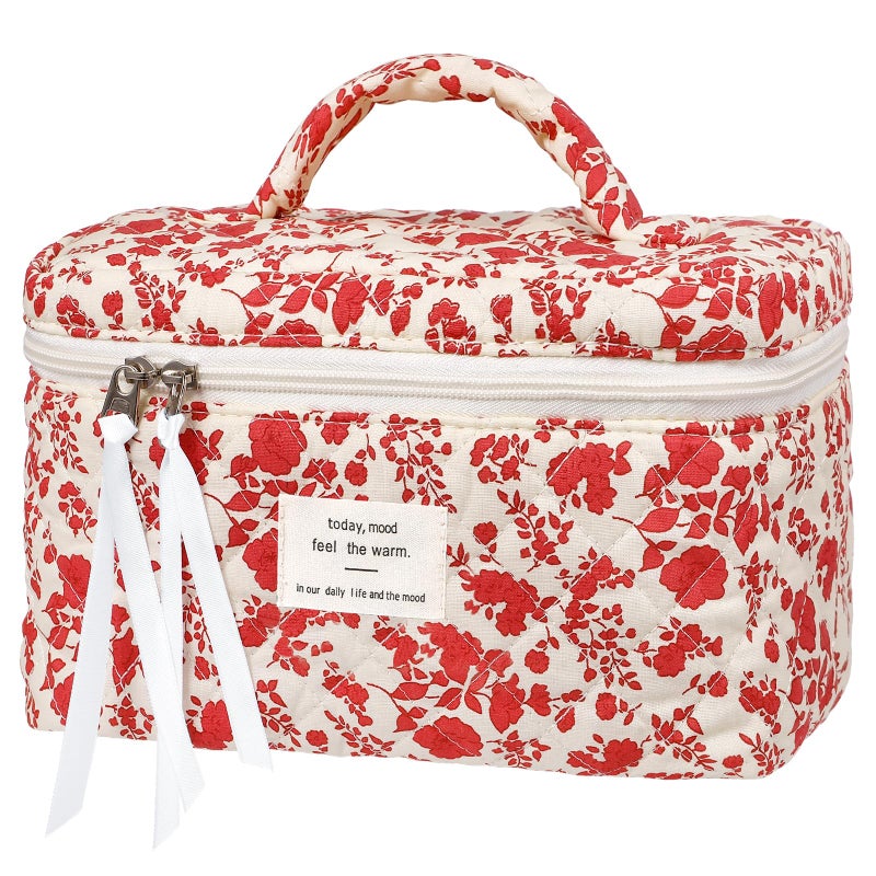 senbowe Large Quilted Makeup Bag Cotton Floral Cosmetic Bag for Women Cute Coquette Aesthetic Makeup Bag Toiletry Bag Travel Make Up Organizer Bag with Zipper and Ribbon Rose red Flower - Image 2