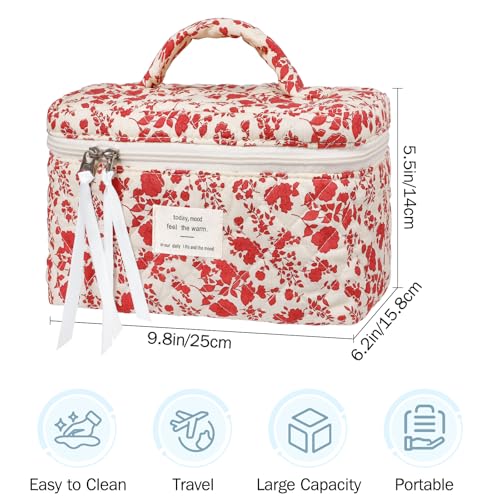 senbowe Large Quilted Makeup Bag Cotton Floral Cosmetic Bag for Women Cute Coquette Aesthetic Makeup Bag Toiletry Bag Travel Make Up Organizer Bag with Zipper and Ribbon Rose red Flower - Image 3