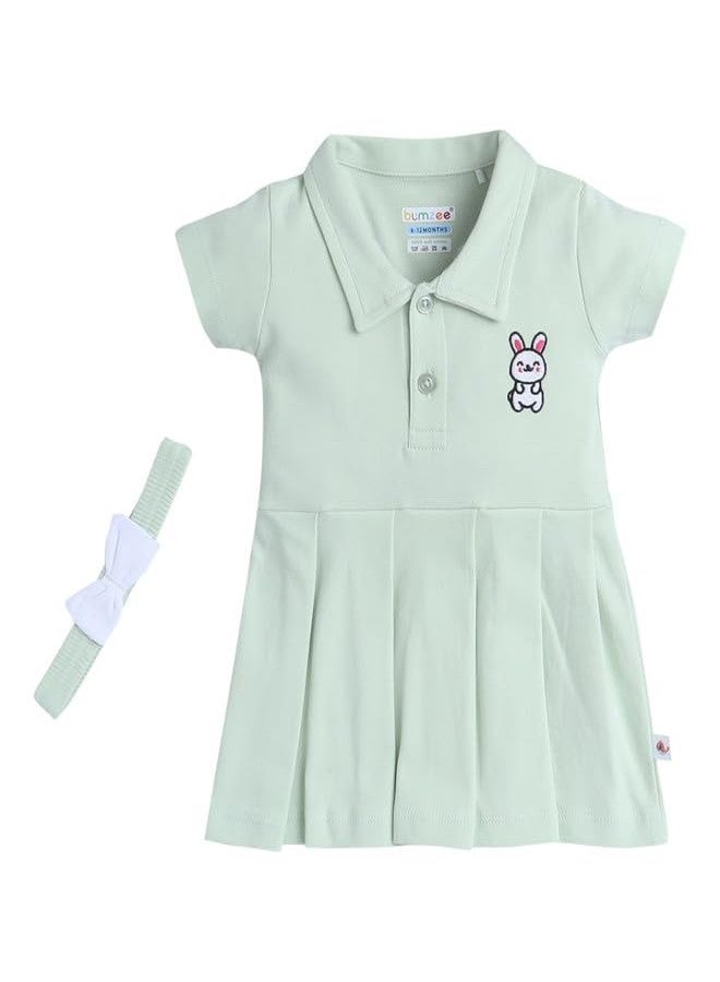 BUMZEE Baby Girls Cotton Half Sleeves Knee Length Frock with Headband Pista Green - 12-18 Months (Peb10170D-pgn) - Image 1