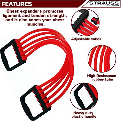 Strauss Adjustable Rubber Chest Expander | Ideal for Yoga, Gym, Home Workout | 5 Premium Natural Latex Tubes to Adjust Training Intensity | Lightweight, Durable with Non-Slip Handle, (Red) - Image 4