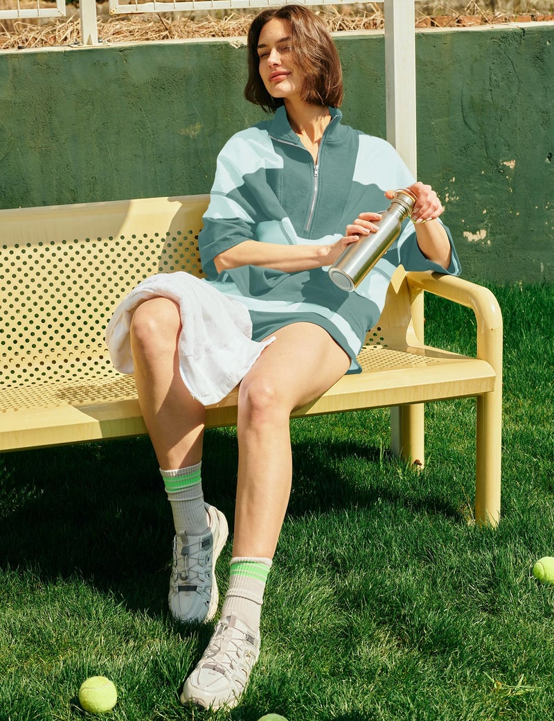 Panadila Women Striped Workout Set Two Piece Outfit Tracksuit Oversized Lounge Set Top and Shorts Sets with Pockets(Cyan Blue Combo,XS) - Image 5