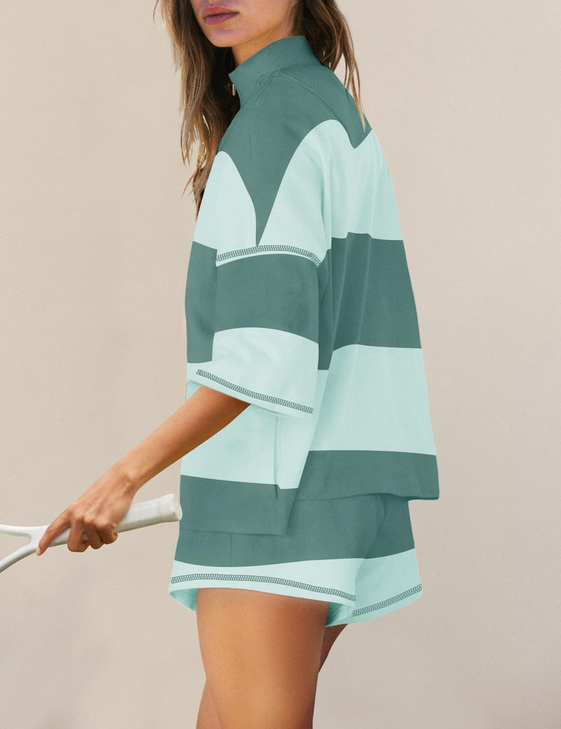 Panadila Women Striped Workout Set Two Piece Outfit Tracksuit Oversized Lounge Set Top and Shorts Sets with Pockets(Cyan Blue Combo,XS) - Image 2