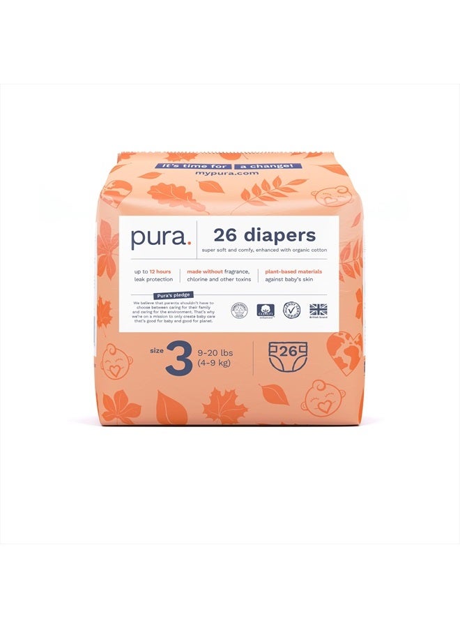 Pura Size 3 Eco-Friendly Diapers (9-20 lbs) Totally Chlorine Free (TCF) Hypoallergenic, Soft Organic Cotton, Sustainable, up to 12 Hours Leak Protection, Allergy UK, 1 Pack of 26 Diapers - Image 1