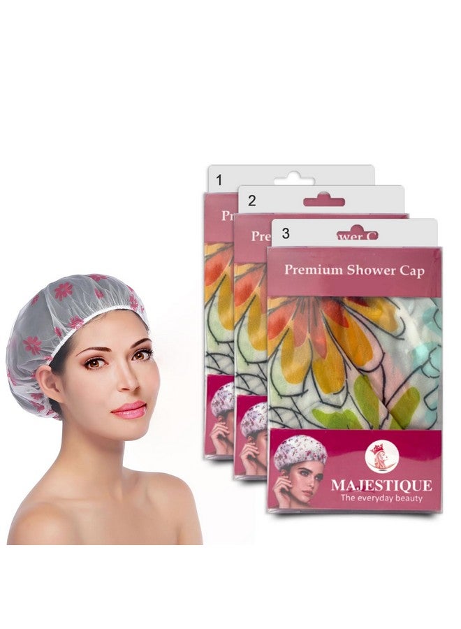 Majestique Shower Cap for Women - Ideal for All Hair Lengths and Thicknesses - Reusable, Waterproof and Washable Perfect Hair Cap for Bathing Durable Hair Cap - Beautiful Style and Color (Pack 3) - Image 1