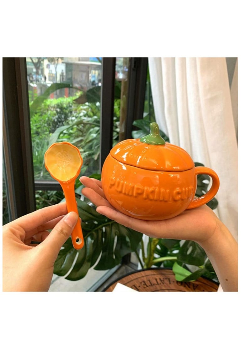 Excefore Pumpkin Ceramics Mug, Pumpkin Shape Ceramic Cup, Creative Pumpkin Cup, Coffee Tea Cup, Milk Soup Mug, with Lid Spoon for Spices (Orange)  - Image 3