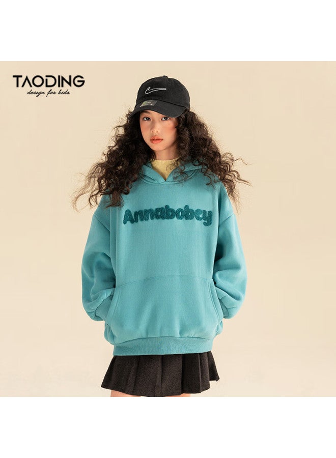 Taoting Girls Spring Hooded Sweatshirt Large Kids Solid Color Letter 3d Towel Embroidery Fleece Thickened Warm Top - Image 1