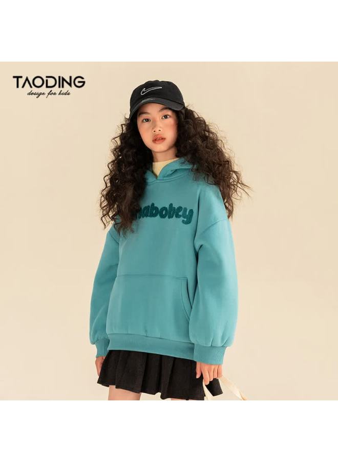 Taoting Girls Spring Hooded Sweatshirt Large Kids Solid Color Letter 3d Towel Embroidery Fleece Thickened Warm Top - Image 2