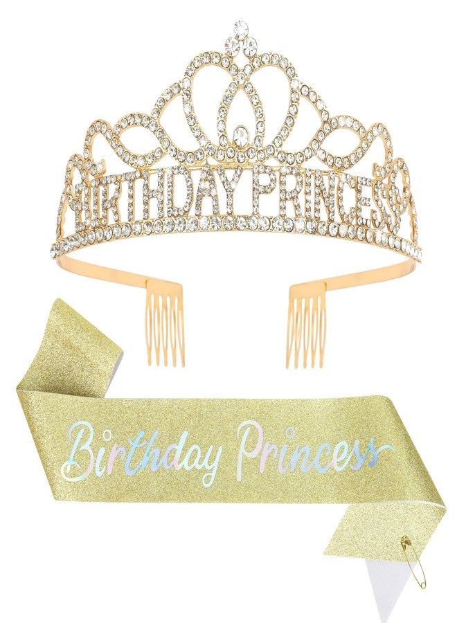 CAVETEE Birthday Crown and Sash for Women, Tiara for Girl & Women Birthday Party Decorations for Girl Gifts Set (Gold) - Image 1