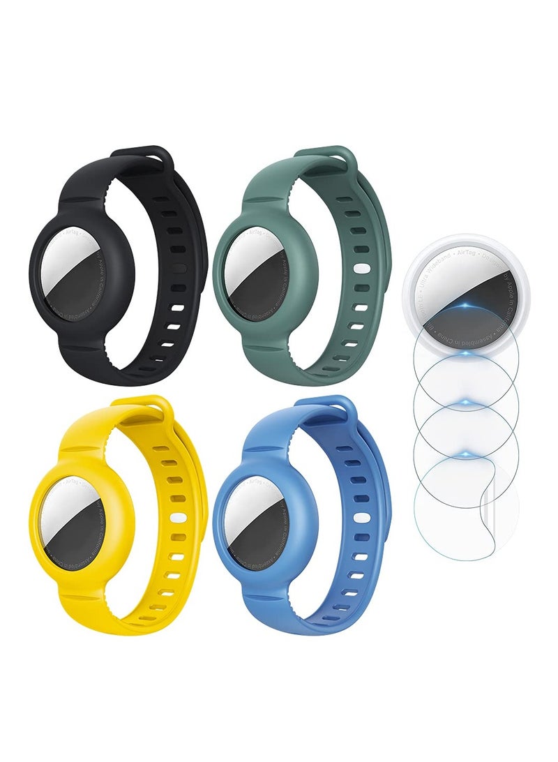 AirTag Bracelet for Kids, 4 Pack Silicone Watch Bands + 4 Pack Anti-Scratch Films for Kids/Toddler/Baby/Elders, Colourful Waterproof Wristband Compatible with Apple AirTag - Image 1