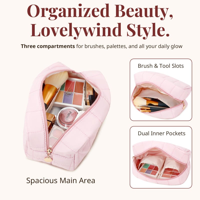 LOVELYWIND Makeup Bag, Quilted Puffy Travel Toiletry Bag with Compartments, Wide-Open Cosmetic Bag for Women, Pouch Purse Organizer, Pink - Image 4