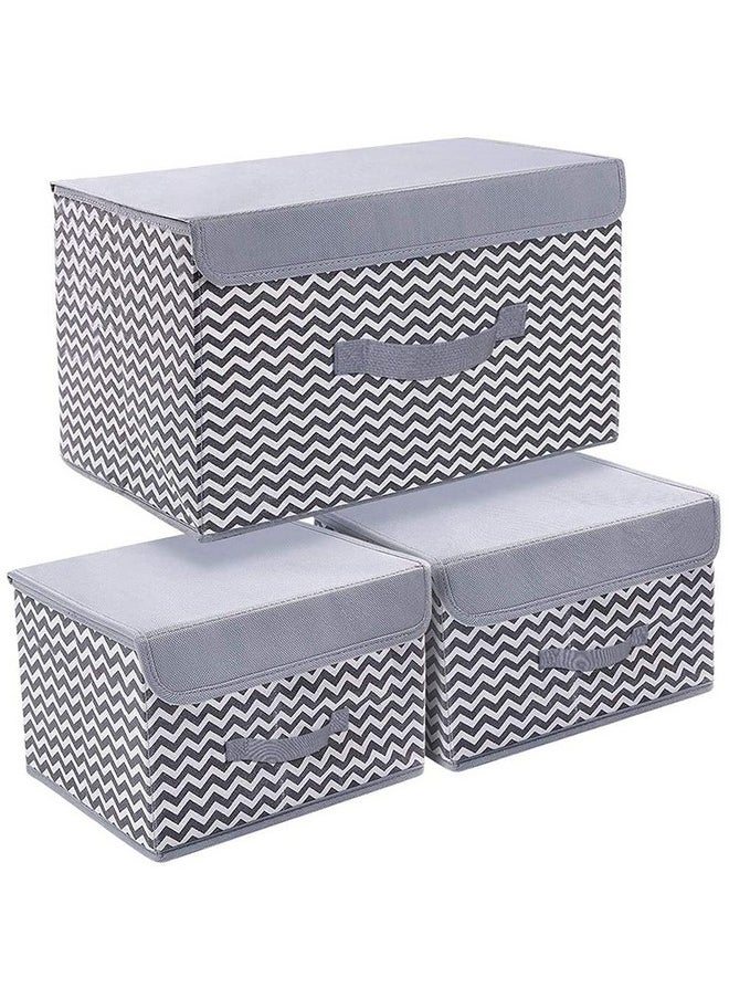 HOUSE OF QUIRK House of Quirk 3 Pack Foldable Storage Bin with Lid and Handle, Versatile Storage Baskets Boxes for Toys, Clothes, Papers, Books, Makeups (Wave, Grey)  - Image 1