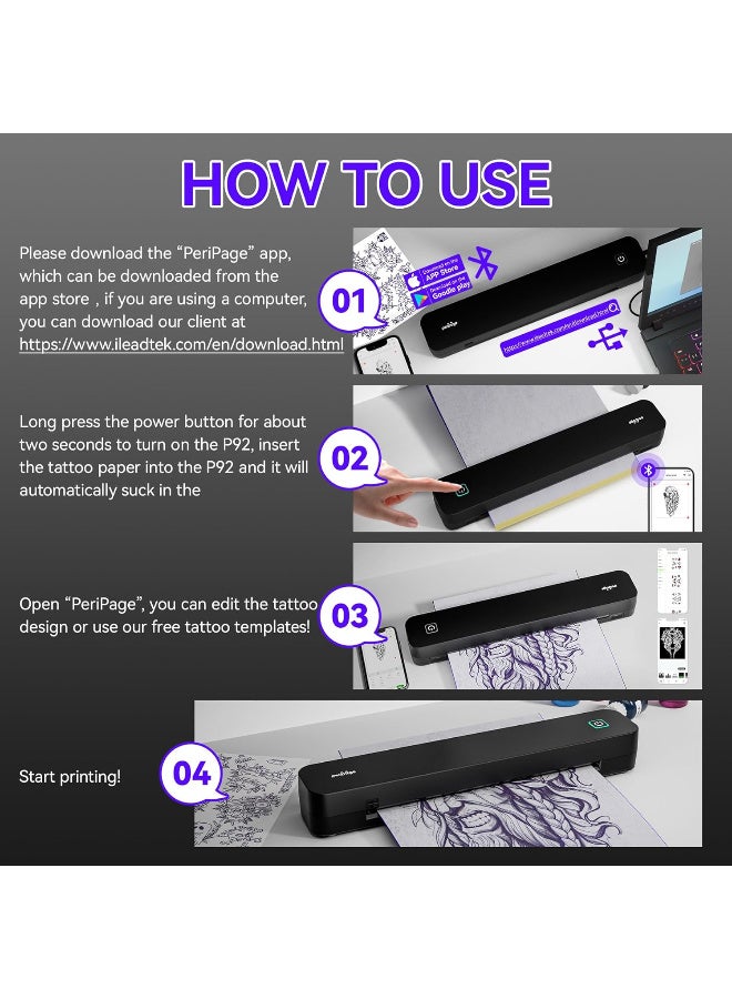 PeriPage P92 Tattoo Stencil Printer Thermal Temporary Tattoo Printer with Stencil Paper Compatible with Phone,Pad & PC - Image 3