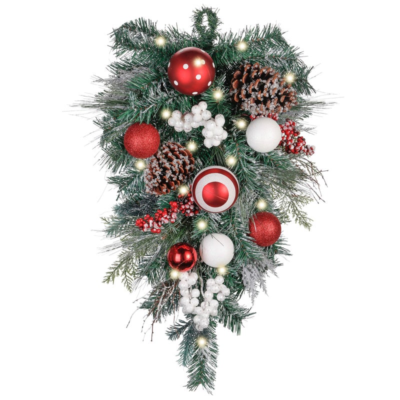 Valery Madelyn Valery Madelyn PreLit Christmas Teardrop Swag for Decorating Outdoor 24 Inch Red White Mailbox Swag Decoration with 20 LED Lights Ball Ornaments for Front Door Stairway Window Shelf Xmas Decor