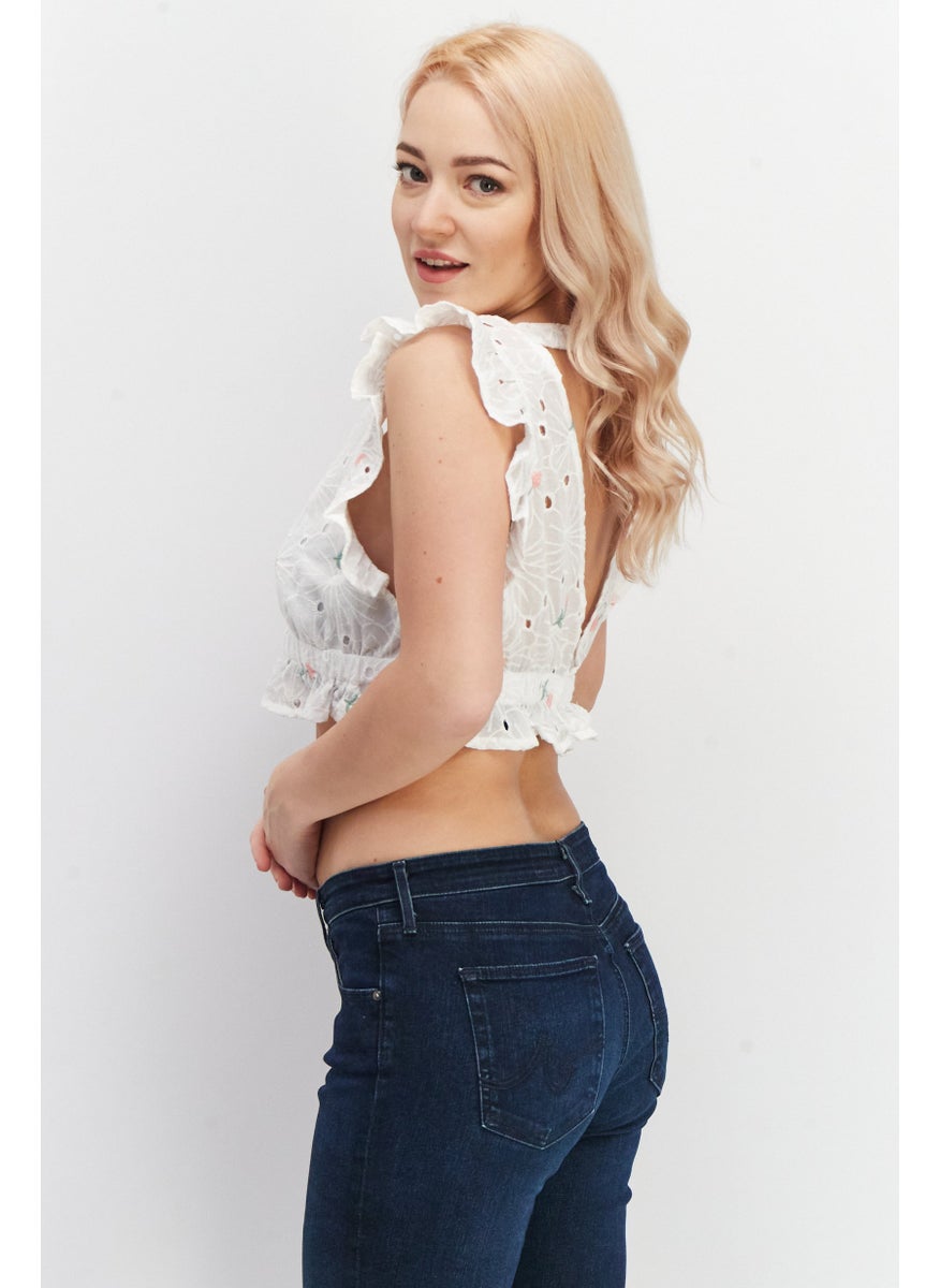 LOST INK Women Plunging Neckline Cap Sleeve Embroidered Crop Top, White  - Image 3