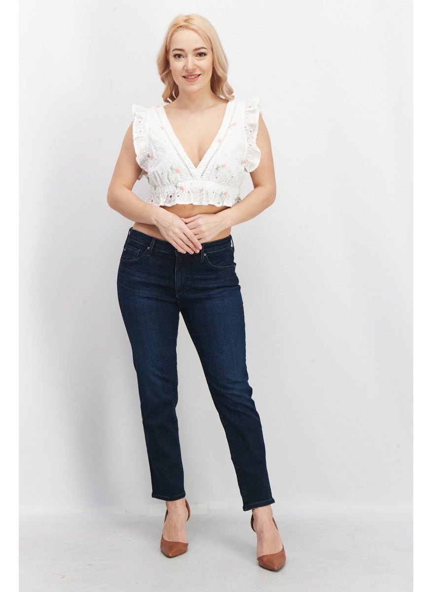 LOST INK Women Plunging Neckline Cap Sleeve Embroidered Crop Top, White  - Image 4
