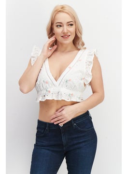 Women Plunging Neckline Cap Sleeve Embroidered Crop Top, White