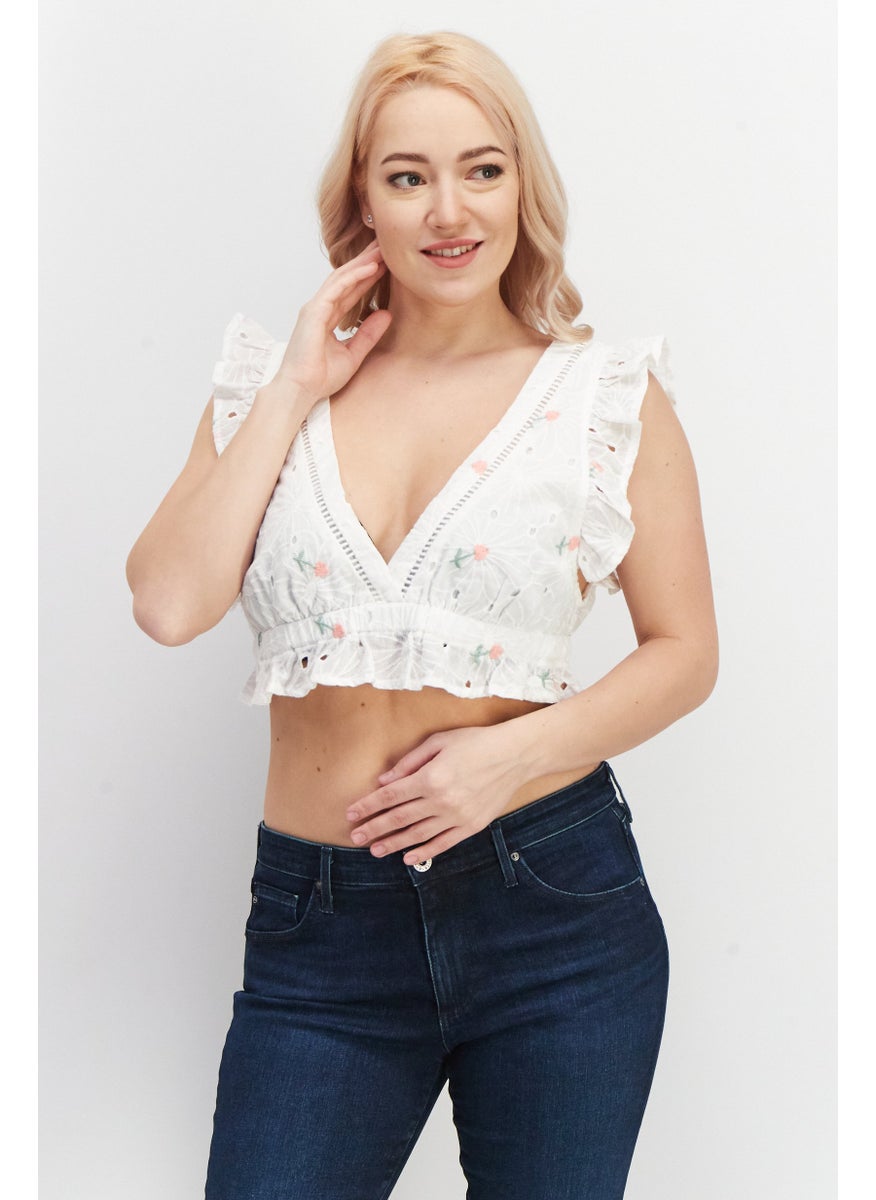LOST INK Women Plunging Neckline Cap Sleeve Embroidered Crop Top, White  - Image 1