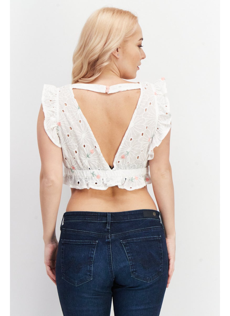 LOST INK Women Plunging Neckline Cap Sleeve Embroidered Crop Top, White  - Image 2