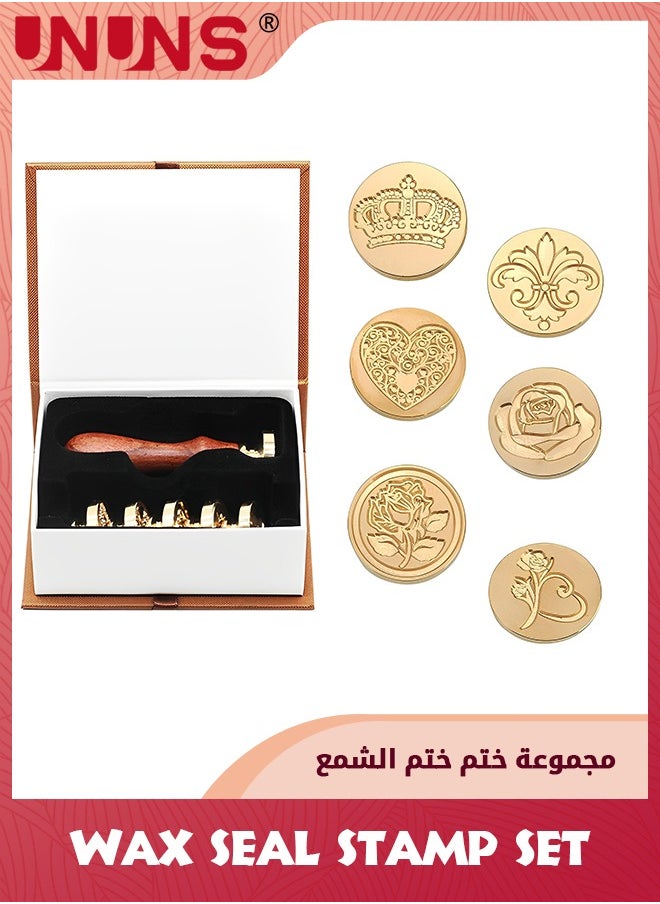 UNUNS Wax Seal Stamp Set,6 Pieces Sealing Wax Stamps Copper Seals And 1 Wooden Hilt,Romantic Rose Heart Flower Sealing Wax Stamps Gift Kit For Parcels Cards Envelopes,Invitations,Maps,Gifts Sealing  - Image 1