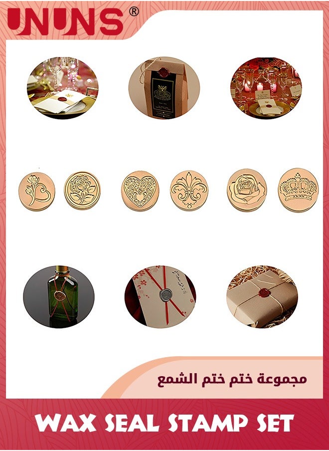 UNUNS Wax Seal Stamp Set,6 Pieces Sealing Wax Stamps Copper Seals And 1 Wooden Hilt,Romantic Rose Heart Flower Sealing Wax Stamps Gift Kit For Parcels Cards Envelopes,Invitations,Maps,Gifts Sealing  - Image 3