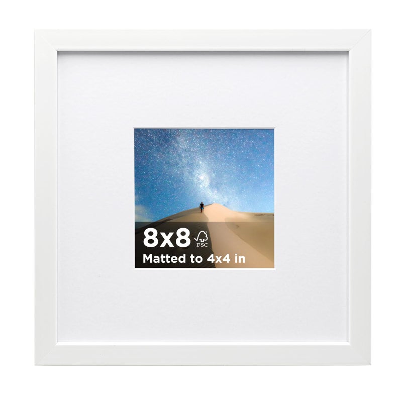 KINLINK 8x8 Picture Frame White Set of 1 Wooden Square Photo Frame Matted 4x4 with Plexiglass for 4x4 with Mat or 8x8 without Mat for Table and Wall Display