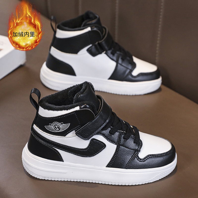 Boys' Cotton Shoes 2023 Winter New Children'S High-Top Sneakers Leather Surface For Older Boys With Plush Sports Cotton Shoes - Image 1