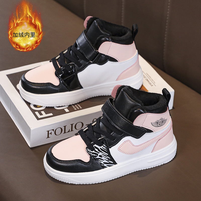 Boys' Cotton Shoes 2023 Winter New Children'S High-Top Sneakers Leather Surface For Older Boys With Plush Sports Cotton Shoes - Image 3