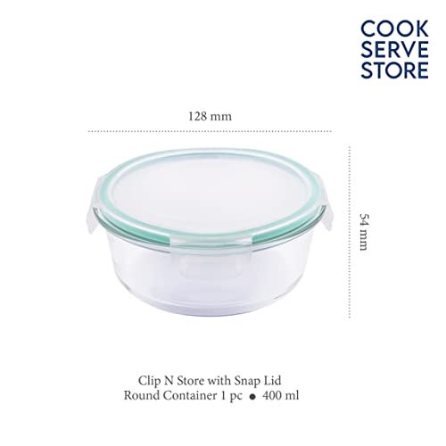 La Opala Cook Serve Store 100% Borosilicate Glass Storage Container | Clip N Store with Air-Tight Snap Lid | Round 400 ml | Microwave & Oven Proof | Dishwasher & Freezer Proof | Transparent - Image 2