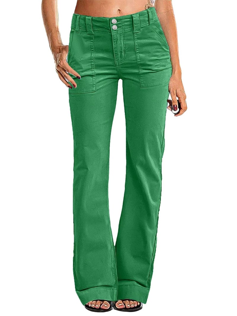 Flamingals Women's Wide Leg Pants for Women Mid Waist Dress Flare Straight Leg Corduroy Pants Work 31" Inseam Trouser Green XL - Image 1