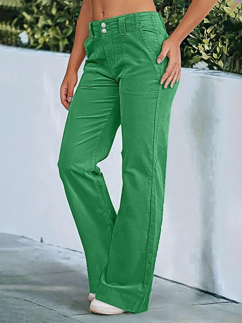 Flamingals Women's Wide Leg Pants for Women Mid Waist Dress Flare Straight Leg Corduroy Pants Work 31" Inseam Trouser Green XL - Image 2