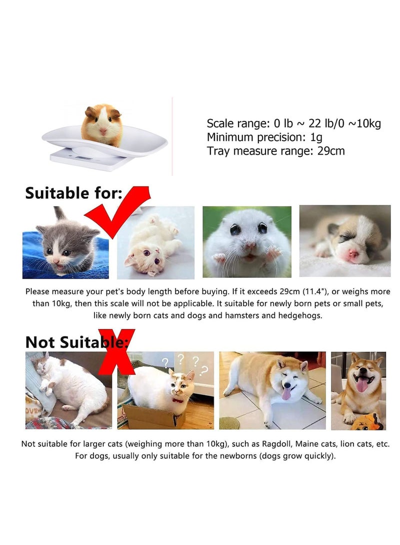 SOLARAE ميزان حيوانات أليفة صغير، ميزان حيوانات حديثة الولادة، ميزان قطط صغير، ميزان مطبخ LCD متعدد الوظائف (الحد الأقصى: 10 كجم)، ميزان رقمي لوزن الجراء/القطط الصغيرة/الهامستر/القنفذ (أبيض) - Image 5
