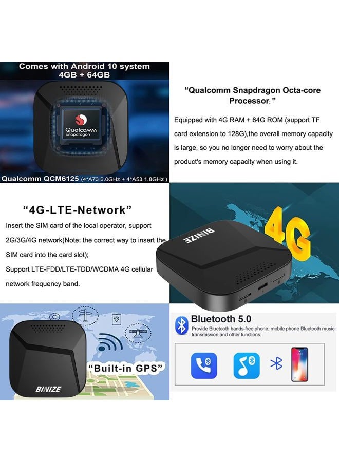BINIZE Carplay Ai Box Android 13 Compatible with Wireless Carplay Wireless Android Auto AI Box Carplay Streaming Video Apps 4+64G Only Support Cars with OEM Wired CarPlay/Android Auto - Image 3