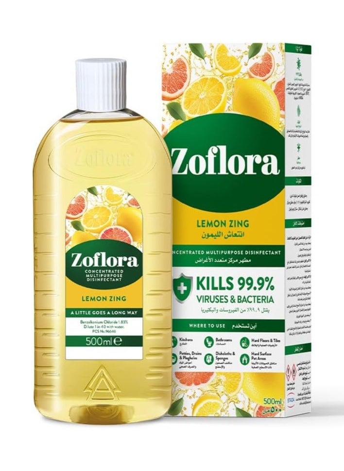Zoflora Zoflora-Multi-purpose Concentrated Disinfectant All Surface Cleaner-Floor Cleaner-Effective against bacteria & Viruses-Long Lasting Lemon Zing Fragrance-Eliminates Odour-All Day Fresh-500ml  - Image 1