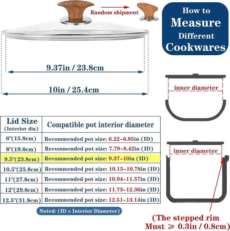 Bigwinyep 9.5 Inch Pot Cover, Tempered Glass Lid for Replacement, Frying Pan Lids 6,8,9.5,10.5,11,12,12.5 Inch Universal Lid for Pots and Pans - Image 2