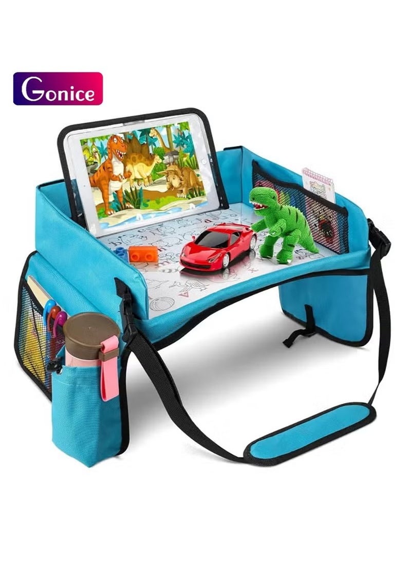 Gonice Kids Travel Tray Collapsible Toddler Car Seat Tray - Food & Snack Lap Car Seat Travel Table Desk with 7 Storage Pockets Carseat Organizer for Kids Road Airplane Trip Activity - Image 1
