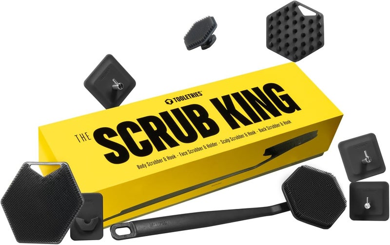 Tooletries The Scrub King Silicone Scrubber Set for Men - Includes Back & Body Scrubbers, Face Brush, Scalp Massager, 3 Storage Hooks & Holder - Charcoal - Image 1