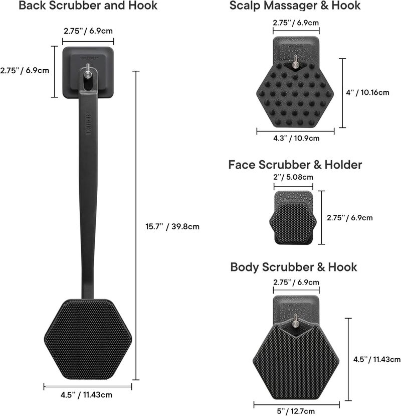 Tooletries The Scrub King Silicone Scrubber Set for Men - Includes Back & Body Scrubbers, Face Brush, Scalp Massager, 3 Storage Hooks & Holder - Charcoal - Image 5