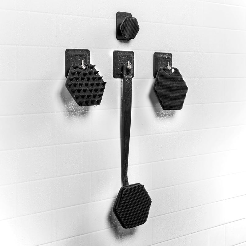 Tooletries The Scrub King Silicone Scrubber Set for Men - Includes Back & Body Scrubbers, Face Brush, Scalp Massager, 3 Storage Hooks & Holder - Charcoal - Image 2