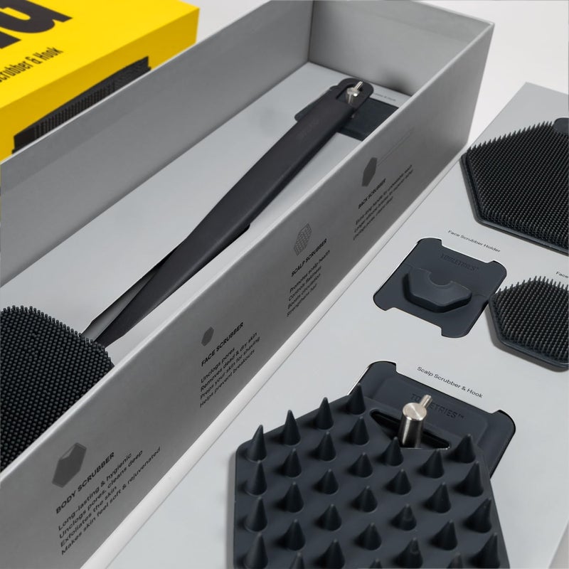Tooletries The Scrub King Silicone Scrubber Set for Men - Includes Back & Body Scrubbers, Face Brush, Scalp Massager, 3 Storage Hooks & Holder - Charcoal - Image 4