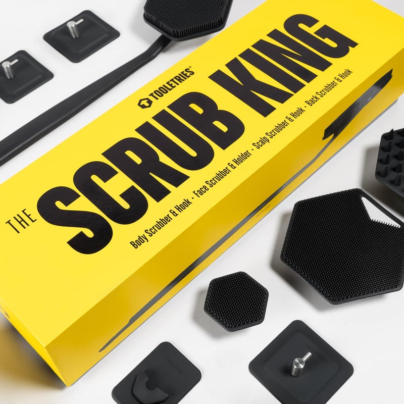 Tooletries The Scrub King Silicone Scrubber Set for Men - Includes Back & Body Scrubbers, Face Brush, Scalp Massager, 3 Storage Hooks & Holder - Charcoal - Image 3