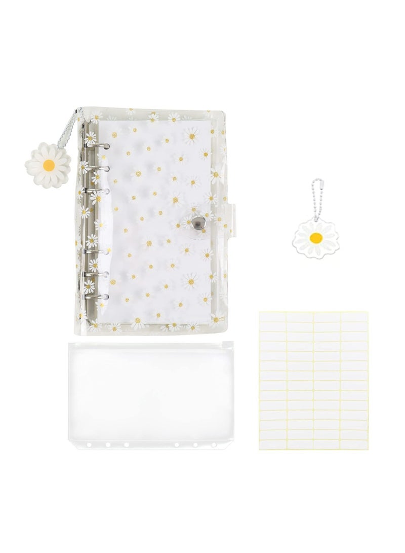A6 PVC Budget Binder with 45 pages of blank inner core, KASTWAVE 1 Round Ring Notebook Cover Pcs Loose Leaf Zipper Pockets for Bank Card, Cash, Money Saving Daisy Pendant