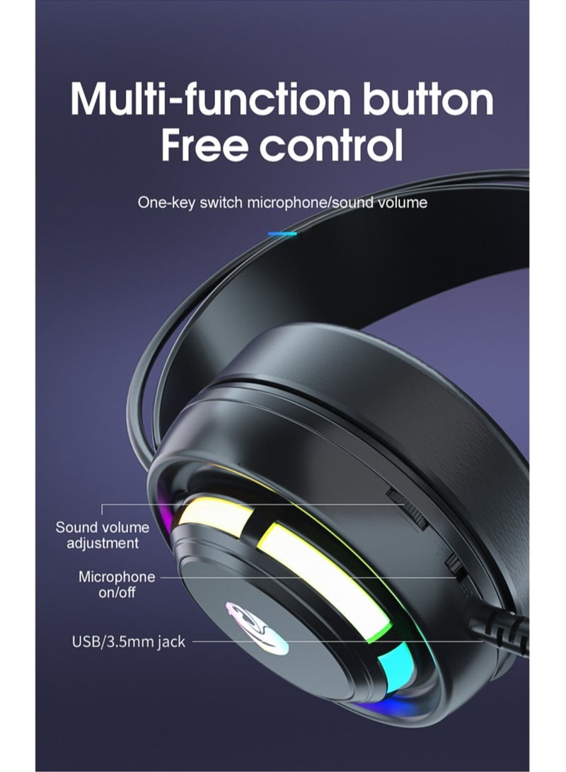 Gaming Headset Wired Double-channel Desktop Computer Laptop  with Mic Voice Headset Headphones, 50MM Speaker Unit, 7-Color Breathing Light, and 360° Omnidirectional Mic(Black) - Image 3