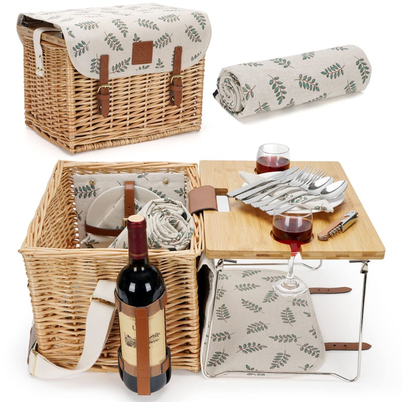 سلة نزهة من نسج الصفصاف مع طاولة مجموعة سلة نزهة لشخصين حاملة نبيذ من الصفصاف مجموعة نزهة من الخوص مع بطانية أدوات مائدة فاخرة للهدايا في حفلات الزفاف الخارجية وذكرى الميلاد