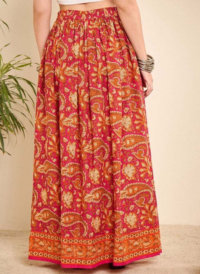 WineRed Wine Red Paisley Printed Flared Maxi Skirt for Women - Image 3