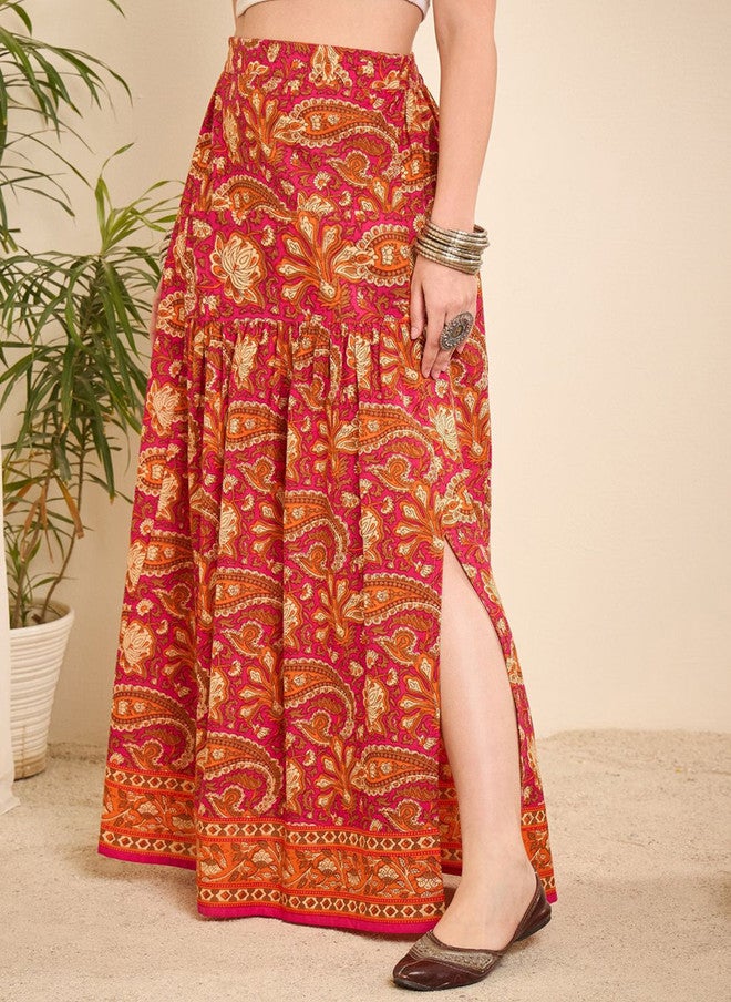 WineRed Wine Red Paisley Printed Flared Maxi Skirt for Women - Image 2